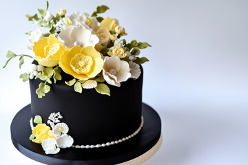 Elegant black fondant cake adorned with intricate yellow and white sugar flowers, green leaves, and pearl decorations for a sophisticated look.