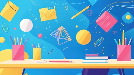 Vibrant Academic Scene with Floating School Supplies