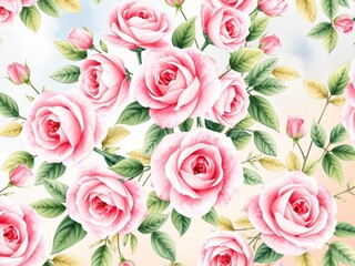 Fototapeta premium Pink Roses Watercolor Seamless Pattern