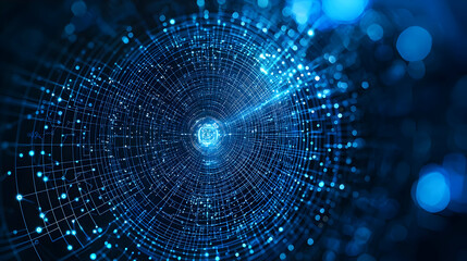 Abstract Digital Network Connection in Blue Color with Bright Light and Futuristic Design