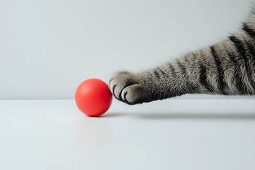 Close-up view of a playful tabby cat's paw reaching out to touch a small red ball on a white surface