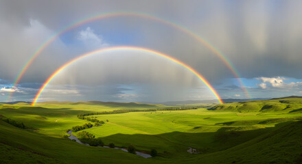 Naklejka premium rainbow over green field
