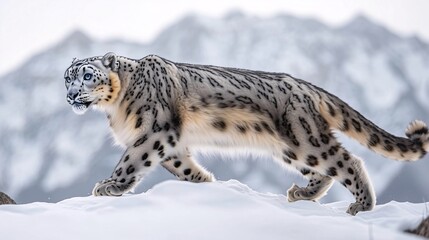 Fototapeta premium Snow leopard walking on snowy ridge in spring equinox. Generative ai illustrations