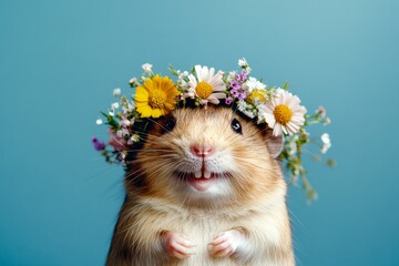 Cute adult animal hamster wearing feral flower crown on its head - symbol of sunny vacation time....