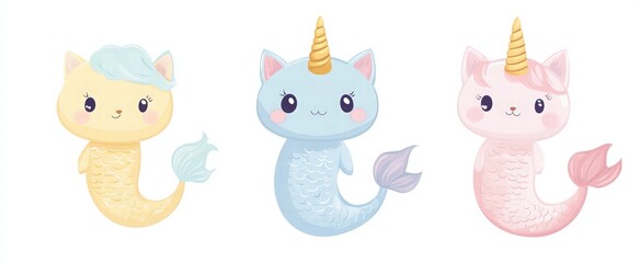 set of cute cartoon mermaid cats with unicorn horns different poses and expressions, sticker set