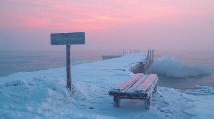 Frozen beach scene with wooden bench and signpost