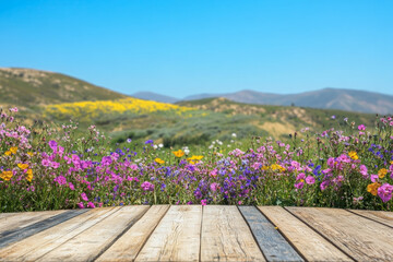 Obraz premium The stage is made of natural wood, with colorful wildflowers growing around it. The background features rolling hills, a bright blue sky, and a variety of flowers in full bloom.