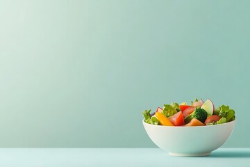 Fresh and vibrant salad in a white bowl against a clean, cool blue background, showcasing healthy ingredients