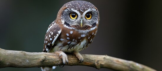 Small owl perched on a branch, looking directly at the camera.