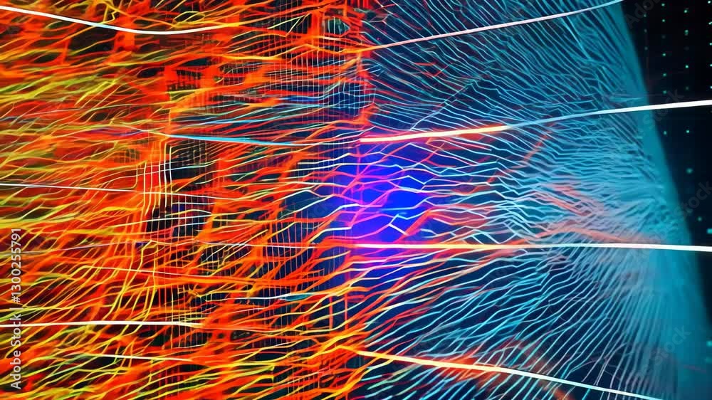Poster light trails create an abstract grid pattern on a dark background at night, light trails moving on g