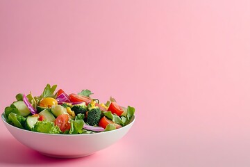 Fresh and Healthy Green Salad in a White Bowl on a Pink Background - A Vibrant Culinary Delight