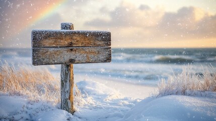 Fototapeta premium Wooden sign on snowy beach in winter landscape