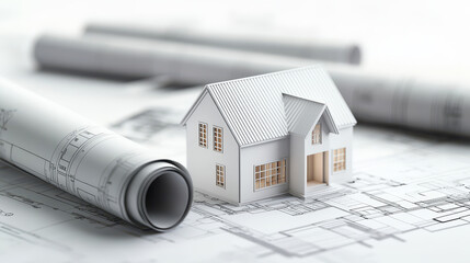 3D render of a white model house on construction blueprints with rolled-up architectural drawings