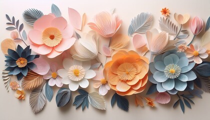 Obraz premium Hand-cut paper flowers: Intricate hand-cut paper flowers in pastel tones, delicately arranged on a textured cream paper backdrop
