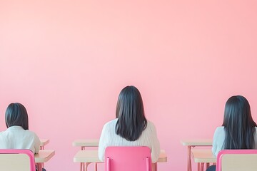 Three students sitting at desks in a classroom with pink background
