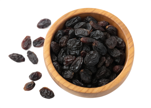black raisin  wooden bowl solated back isolated on transparent background png