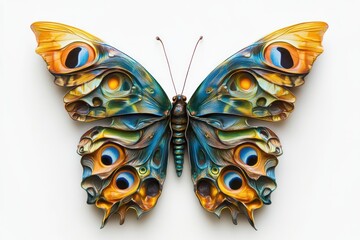 Colorful sculpted butterfly, white background, studio shot, art print.
