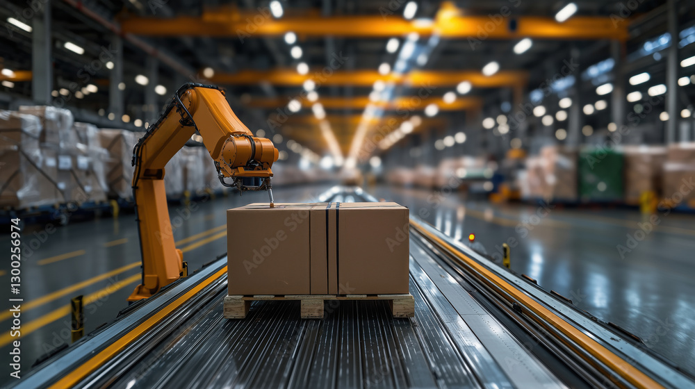 Poster advanced logistic concept in freight industry featuring an automated robot arm handling packaging in