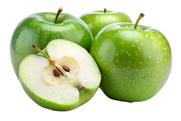 close up of green tow apple and half w isolated on transparent background png