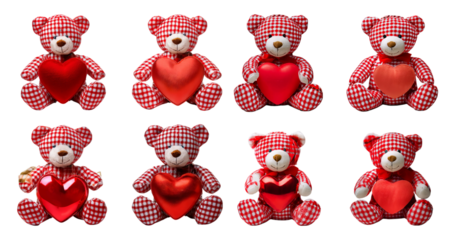 Cute Red Gingham Teddy Bears Holding Heart-Shaped Balloons, Bundle Set Collection, Isolated on Transparent Background