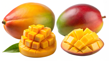 the image consists of four distinct mango slices isolated on transparent background png