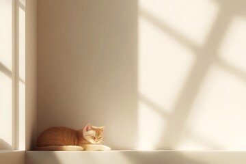 A ginger cat naps peacefully in a sunbeam casting geometric shadows on a minimalist wall