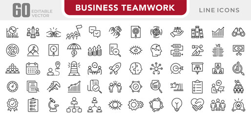 Business teamwork and management line icon set. Company, people, teamwork, office, work, growth, group line icons collection vector. Ui outline icon pack
