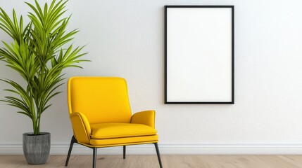 A bright yellow chair adjacent to a lush green plant creating a vibrant and cheerful atmosphere in a room