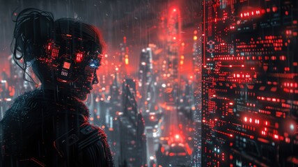 Obraz premium Picture of human commit crime in digital system to destroy and hack computer protection user in colorful light of cyberspace style theme. Coding for dangerous hacking technology from criminal. AIG53.