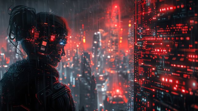 Picture of human commit crime in digital system to destroy and hack computer protection user in colorful light of cyberspace style theme. Coding for dangerous hacking technology from criminal. AIG53.