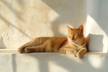 A ginger cat basking in warm sunlight, resting peacefully on a sun-drenched ledge