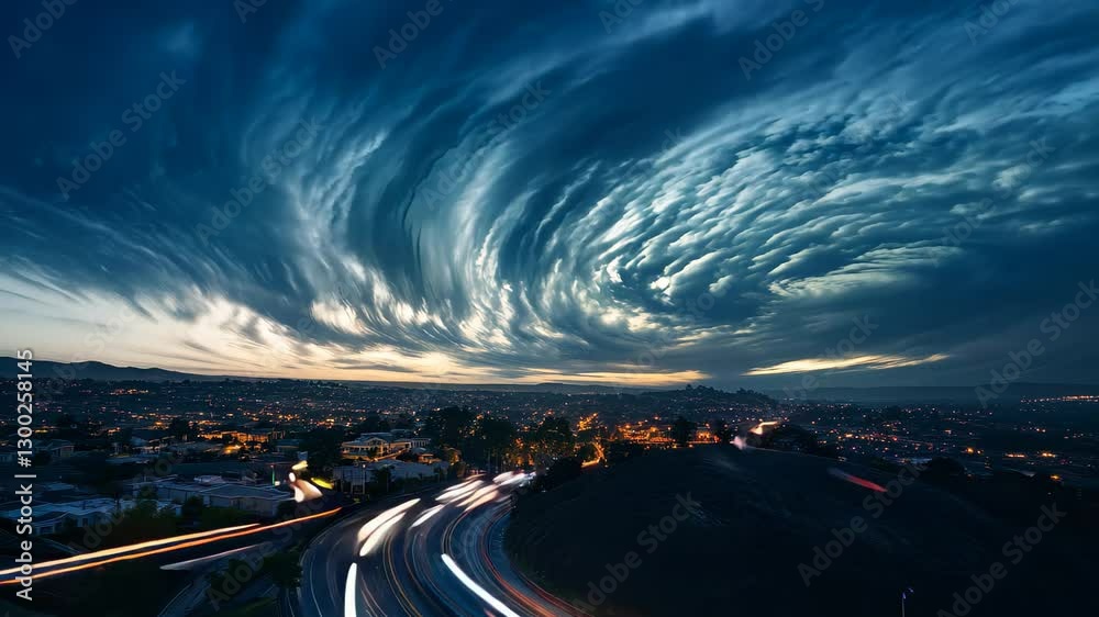 Poster Flowing clouds swirl dramatically over a cityscape at twilight, Time lapse of clouds moving in the sky and mist flowing in the mountains