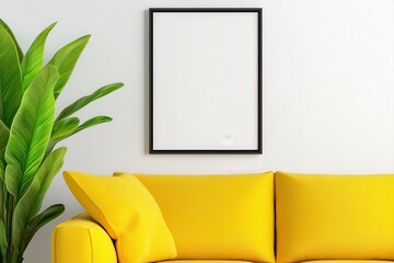 Stylish yellow couch complemented by a lush green plant in a bright and inviting living room space