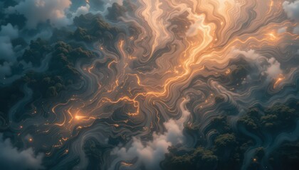 Abstract Aerial View of a Geothermal Landscape with Flowing Energy