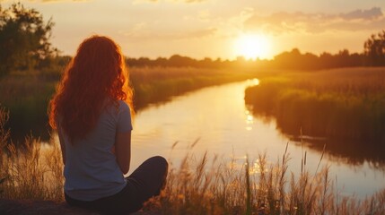 Redhead woman sits by river watching sunset
