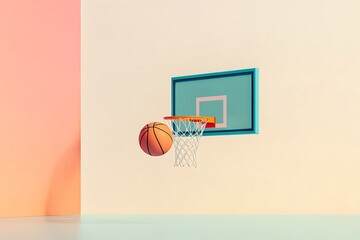 Fototapeta premium A bright, modern illustration of a basketball hoop with a ball suspended mid-air, set against a soft pastel gradient background, evoking a sense of playfulness and sport