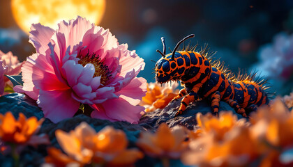Naklejka premium Colorful Caterpillar Near Pink Peony Flower In Garden