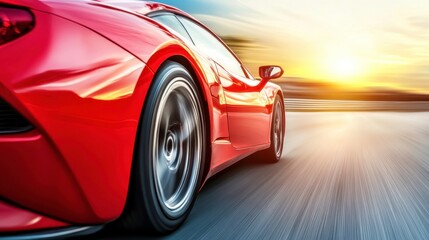 Car Exiting Pit Stop at High Speed During Sunset