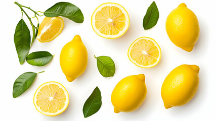 Overhead Composition Of Yellow Lemons And Green Leaves On A White Backdrop