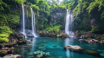 Serene Tropical Waterfall: Lush Greenery, Cascading Water, Tranquil Pool