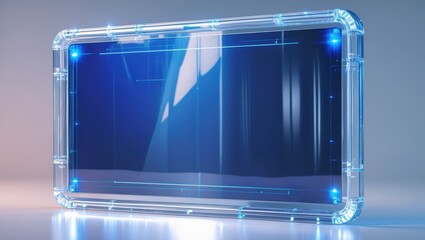 Obraz premium Clear frame with blue screen stands. Light reflects off glass material. Thin lines connect inner corners with light highlights.