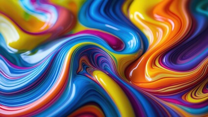 Obraz premium Abstract flowing texture with blue yellow orange pink colors, smooth colorful background, glossy pattern