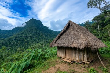 A small wooden hut deep in the jungle, surrounded by dense vines and towering palm trees