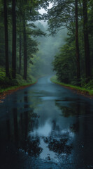 Fototapeta premium a photo of an empty road in the forest, with trees on both sides.