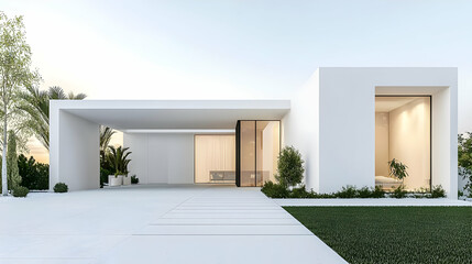 Fototapeta premium Modern Minimalist White House Exterior with Clean Lines and Green Landscape Under Clear Sky