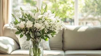 A white and green Easter bouquet, including lilies, stock, baby's breath, eucalyptus, and ranunculus in an elegant glass vase, set against the backdrop of a light-filled living room with natural light