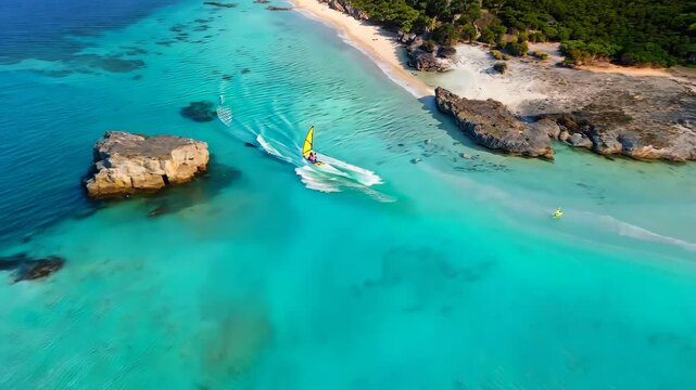 Windsurfer performs fordewind trick in crystal clear blue lagoon waters during sunny day, A windsurfer making fordewind trick in blue lagoon, aerial shot