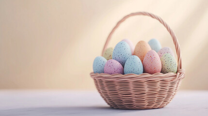 Fototapeta premium Pastel easter eggs in a woven basket spring holiday decor joy cute gift happy bunny chick image