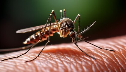 A close up view of a mosquito on human skin; up and close view of a mosquito sucking blood from a human skin; blood sucking mosquito in focus