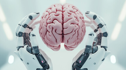 A futuristic robot hand holding a human brain against a white background